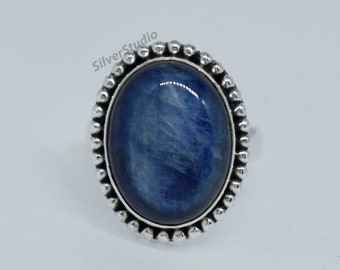 Blue Kyanite Round 925 Silver Handmade Ring Size 6 Crystal Healing Meditation