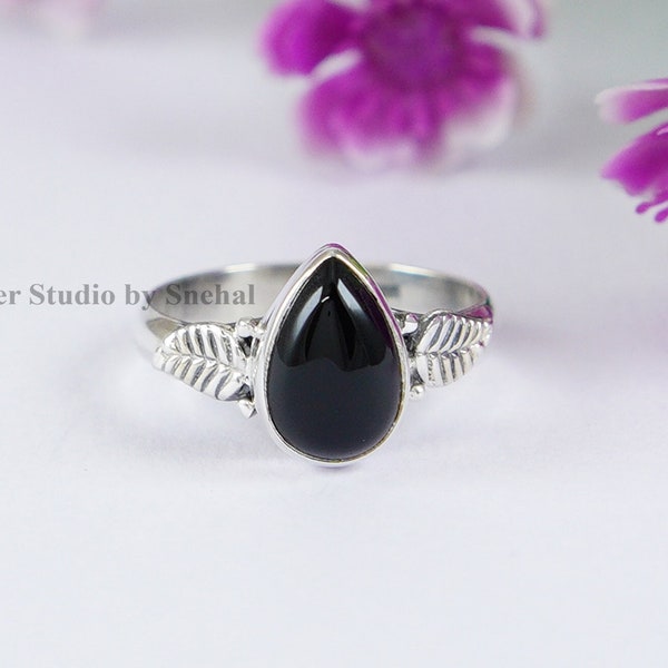 Schwarzer Onyx Ring, Birnenform Steinring, Belaubter Ring, 925 Sterling Silber Ring, Handgemachter Silberring, Alltagsring, Onyx Schmuck, Zierlich