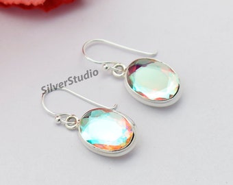 Pendientes de cuarzo con aura de ángel de plata esterlina hechos a mano, pendientes colgantes ovalados