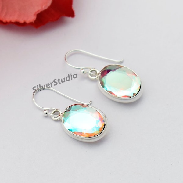 Natural Angel Aura Quartz Earring, 925 Sterling Silver Earring, Handmade Earring, Birthday Earrings, Oval Aura Quartz Earring, Women Earring