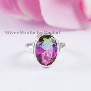 925 sterlingzilveren ring, watermeloen toermalijnkwartsring, handgemaakte tweekleurige kwartsring, edelsteenring, ovale toermalijnring