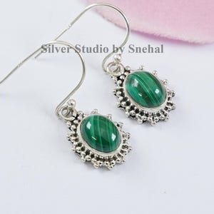 Natural Malachite Earring, 925 Sterling Silver Earring , Handmade Dainty Earring , Dangle Earring, Oval Green Stone Earring, Gift For Mom