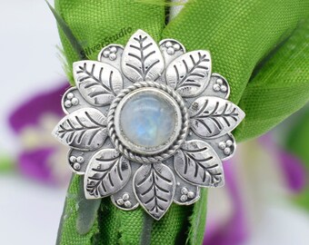 Natural Rainbow Moonstone Ring , 925 Sterling Silver Ring , Handmade Ring, Blue Fire Moonstone Ring, Leaf Design Ring, Engagement Gift
