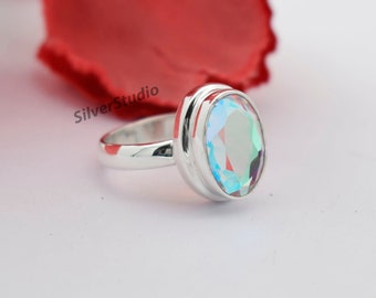 Angel Aura Quartz Gemstone Ring , 925 Sterling Silver Ring , Handmade Silver Ring , Oval Natural Angel Aura Quartz Ring , Women Ring Jewelry