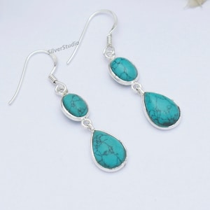 Turquoise Earring , 925 Sterling Silver Earring , Handmade Bezel Earring, Two Stone Earring, Multi Stone Earring, Anniversary Earrings