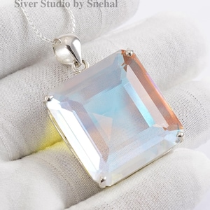 Natural Angel Aura Quartz Pendant, 925 Sterling Silver Pendant, Handmade Pendant, Sqaure Angel Aura Quartz Prong Pendant