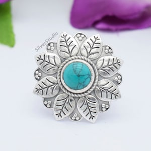 Natural Turquoise Leaves Ring, 925 Sterling Silver Ring, Handmade Ring, Round Turquoise Ring, Birthstone Ring, Designer Ring, Women Ring