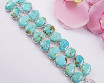 Natural Arizona Turquoise Bracelet, 2 Line Cluster Bracelet, 925 Sterling Silver Bracelet, Kingman Turquoise Bracelet, Wedding Bracelet