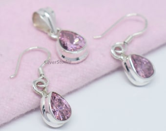 Natural Pink Cubic Zirconia Pendant Earring Set, 925 Sterling Silver Jewelry Set, Handmade Pendant Earring Set, Teardrop Set