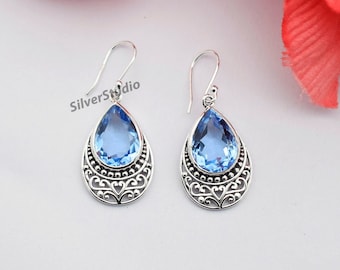 Siberian Blue Quartz Earring, 925 Sterling Silver Earring, Handmade Earring, Dangle Earring, Teardrop Designer Siberian Blue Quartz Earring