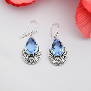 Siberian Blue Quartz Earring, 925 Sterling Silver Earring, Handmade Earring, Dangle Earring, Teardrop Designer Siberian Blue Quartz Earring