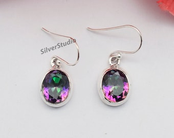 Simulated Mystic Rainbow Topaz Sterling Dangle Diamond Earring Necklace Set
