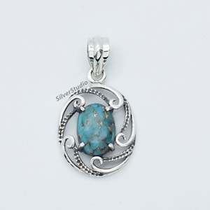 Blue Copper Turquoise Pendant, 925 Sterling Silver Pendant, Handmade Designer Pendant, Oval Turquoise Pendant, Women Pendant, Gift for Girls