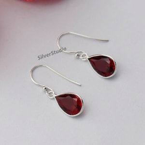Natural Garnet Earring , 925 Sterling Silver Bezel Earring , Handmade Earring , Dainty Earring, Teardrop Garnet Earring, January Birthstone