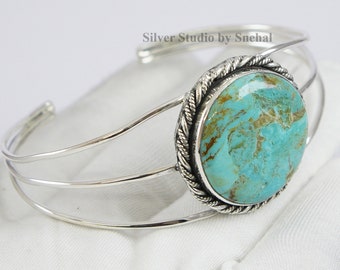 Arizona Turquoise Cuff Bracelet, Twisted Wire Wrap Design Cuff For Her, 925 Sterling Silver Adjustable Bracelet, December Birthstone Jewelry