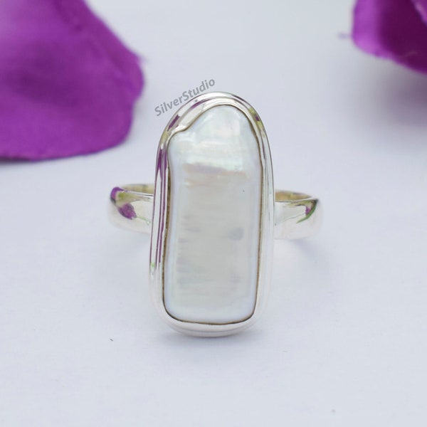 Natural Biwa Pearl Ring , 925 Sterling Silver Ring , Handmade Silver Ring , Free Shape Biwa Pearl Ring , Women Ring , Gift for Sister