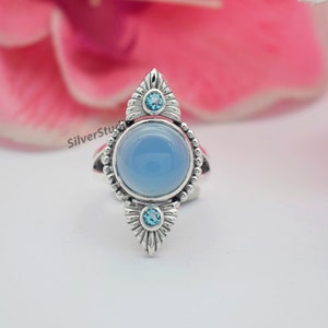 Natural Blue Chalcedony Blue Topaz Ring, 925 Sterling Silver Ring, Handmade Silver Ring, Round Chalcedony Blue topaz Ring, Women Jewelry