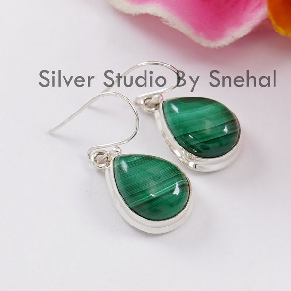 Malachite Earring , 925 Sterling Silver Earring , Handmade Silver Earring , Dangle Earring, Teardrop Natural Malachite Earring, Gift For Her