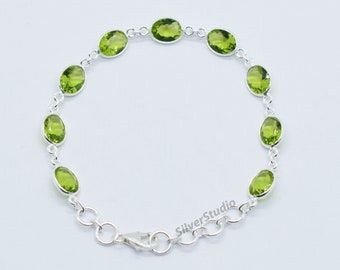 Pulsera de plata de ley 925, pulsera de peridoto natural, pulsera hecha a mano, pulsera de puño de mano de peridoto, regalo para esposa, pulsera de 9 piedras