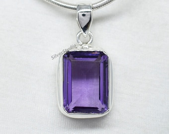 925 Sterling Silver Pendant , Natural Amethyst Pendant , Handmade Pendant, Rectangle Amethyst Pendant, Designer Pendant, February Birthstone
