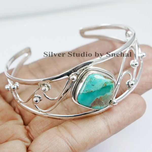 Natural Turquoise Cuff Bracelet, Gemstone Bangle, Kingman Turquoise Hand Cuff Bracelet, 925 Sterling Silver Cuff Bangle, Wedding Bracelet