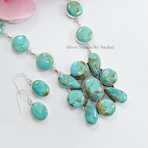 Natural Turquoise Necklace, 925 Sterling Silver Cluster Turquoise Jewelry Necklace With Earring, Anniversary Necklace Statement Jewelry