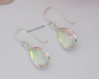 Pendiente de cuarzo con aura de ángel, pendiente de plata de ley 925, pendiente hecho a mano, pendiente colgante, pendiente de cuarzo con forma de lágrima