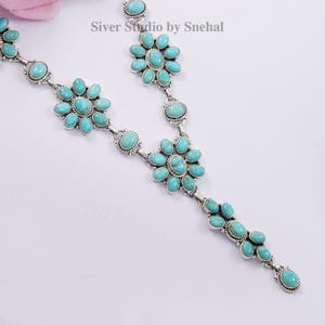 Natural Turquoise Long Necklace, 925 Sterling Silver Designer Necklace, Turquoise Necklace, Artisan Design Necklace, Wedding Gift For Her