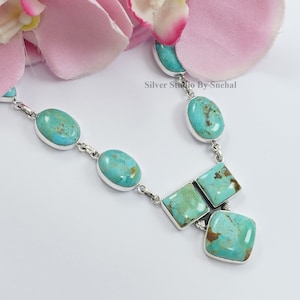 Natural Turquoise Necklace, 925 Sterling Silver Cluster Necklace, Arizona Turquoise Jewelry, Birthstone Necklace, Birthday Necklace
