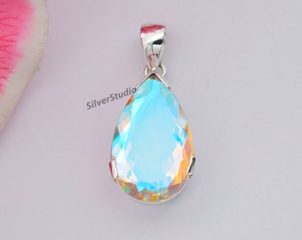 Natural Angel Aura Quartz Pendant, 925 Sterling Silver Pendant, Handmade Silver Pendant, Teardrop Angel Aura Quartz Designer Pendant