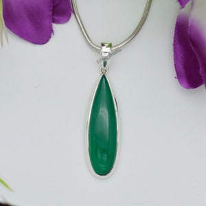 925 Sterling Silver Pendant, Natural Green Onyx Pendant, Teardrop Long Onyx Pendant, Gift for Her, May Birthstone Pendant, Handmade Pendant