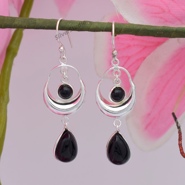 Natural Black Onyx Earring , 925 Sterling Silver Crescent Moon Earring , Handmade Earring , Teardrop Round Onyx Earring, Bezel Earring