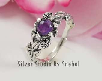 Dainty 925 Sterling Silver Amethyst Ring, Vintage Flower Leaf Design