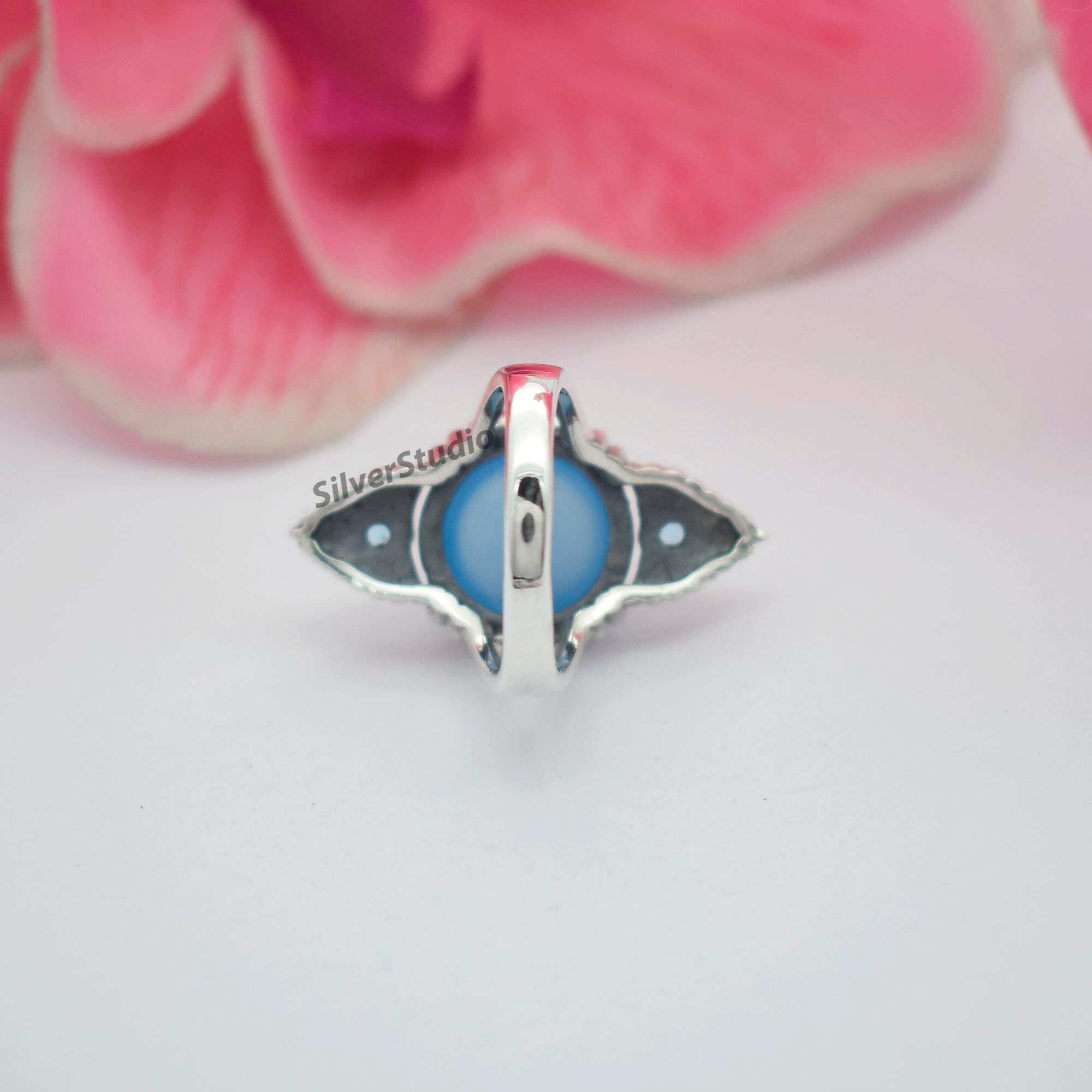 Bague Ancienne Argent Massif Avec Calcédoine Et Topaze Bleue - Style Art Déco