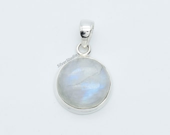 Rainbow Moonstone Pendant, Round Sterling Silver, June Birthstone