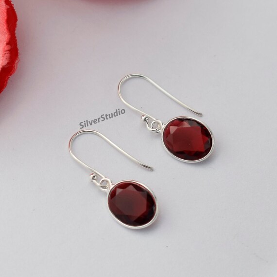 Natural Garnet Earring , 925 Sterling Silver Bezel Earring, Handmade Earring , Oval Garnet Earring , Gift for Wife