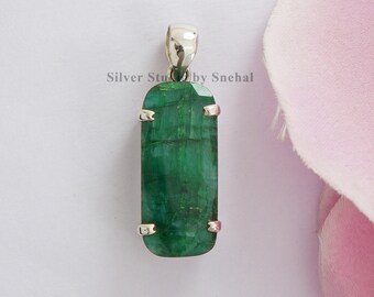 Emerald Pendant, 925 Silver Pendant, Handmade Pendant, Rectangle Pendant, Emerald Jewelry, Birthday Gift, Boho, May Birthstone Pendant