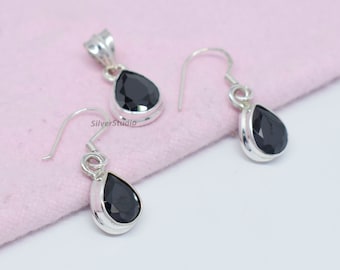 Conjunto de pendientes y colgante de plata de ley hechos a mano con forma de lágrima y ónix negro