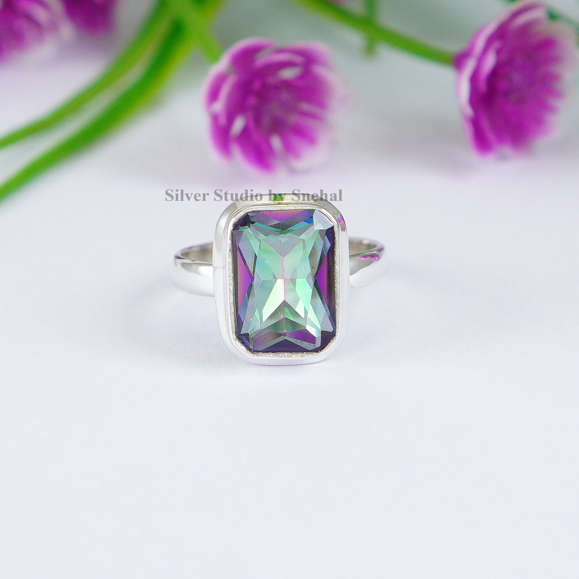 Natural Mystic Topaz Ring , 925 Sterling Silver Ring , Rectangle Topaz Ring , Anniversary Ring , Gemstone Ring , Handmade Silver Ring