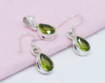 925 Sterling Silver Jewelry Set, Natural Peridot Pendant Earring Set, Handmade Pendant Earring Set, Teardrop Peridot Earring Pendant Jewelry
