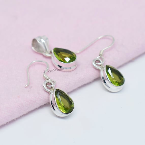 925 Sterling Silver Jewelry Set, Natural Peridot Pendant Earring Set, Handmade Pendant Earring Set, Teardrop Peridot Earring Pendant Jewelry