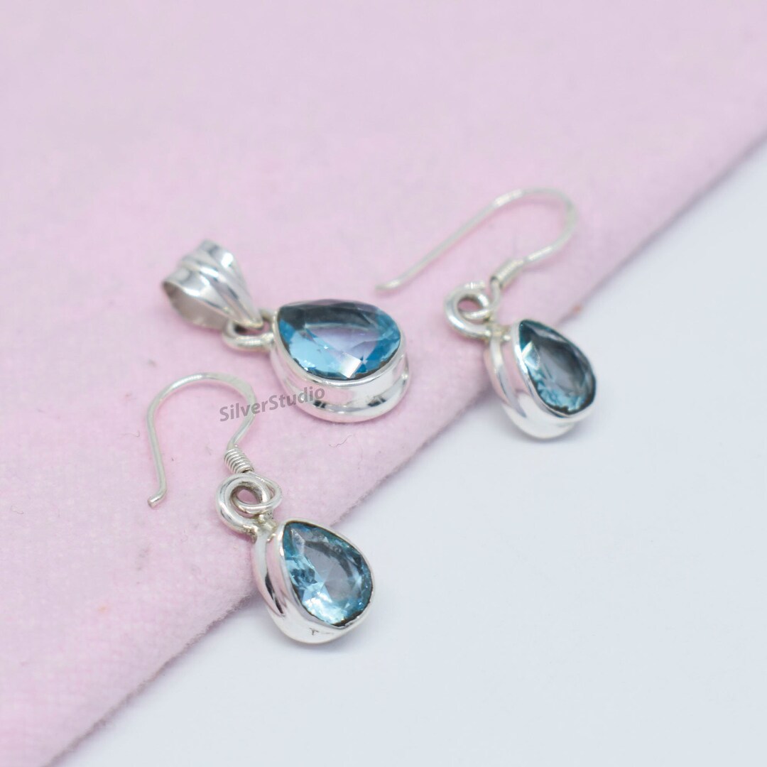 925 Sterling Silver Jewelry Set , Natural Blue Topaz Pendant Earring ...