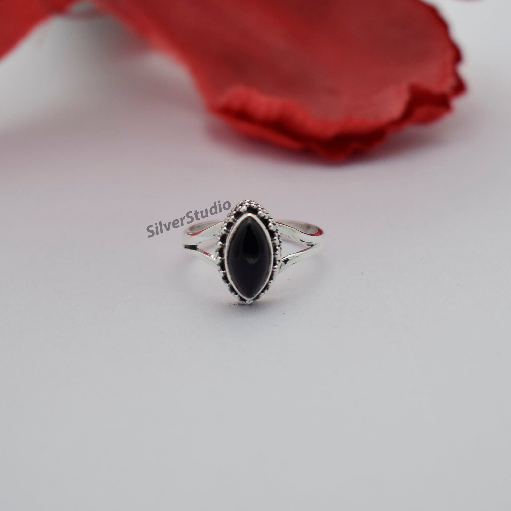 Bague Ancienne Marquise En Argent Sertie D'onyx Noir - Taille 59, Occasion