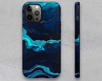 Marble iPhone Case 13/12/11/8/X/XR/Pro/Max/Plus - Dual Layer Premium Navy Blue Phone Cover (Glossy/Matte) Aesthetic iPhone Case TOUGH/SNAP