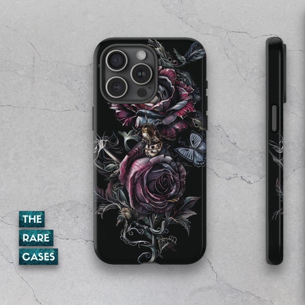 Elegant Gothic Rose Phone Case for iPhone 15/14/13/12/11/Pro Max, Black Floral Samsung S24/S23/S22, Dual-Layer Dark Cover Google Pixel 8/7/6