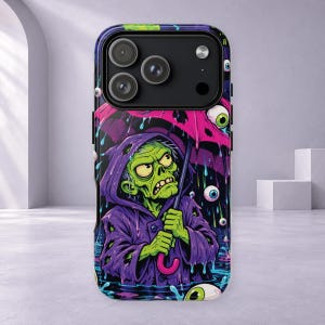 May include: A smartphone case featuring a green zombie character wearing a purple hooded raincoat and holding a pink umbrella. The scene includes falling blue raindrops and floating eyeballs against a dark background with vibrant colors.