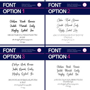 May include: Four different font options for a cursive font style. Each option shows the alphabet in uppercase and lowercase, along with a few sample names. The font options are labelled as Option 1, Option 2, Option 3, and Option 4.