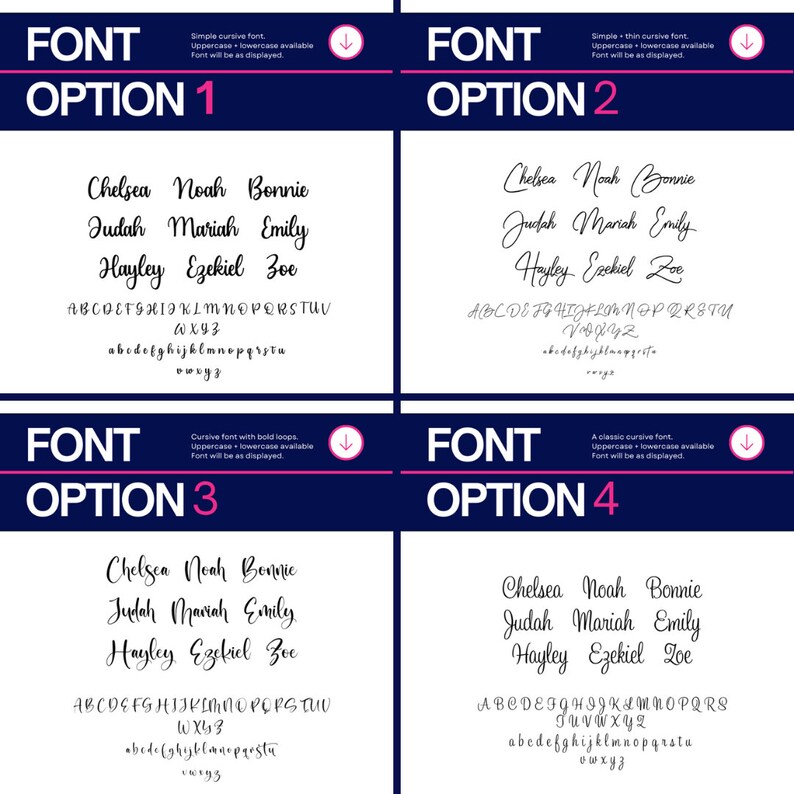 May include: Four different font options for a cursive font style. Each option shows the alphabet in uppercase and lowercase, along with a few sample names. The font options are labelled as Option 1, Option 2, Option 3, and Option 4.