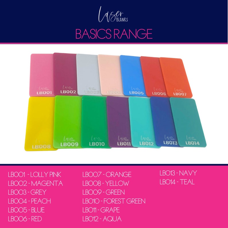 May include: A collection of 14 acrylic sheets in various colours, labelled with their corresponding colour names and product codes. The colours include: lolly pink, magenta, grey, peach, blue, red, orange, yellow, green, forest green, grape, aqua, navy, and teal.