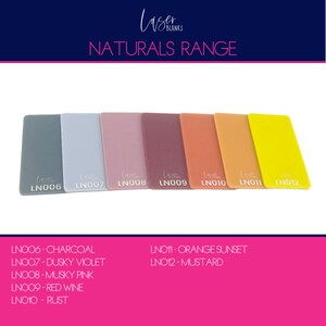 May include: A set of eight acrylic sheets in various natural colours, including charcoal, dusky violet, musky pink, red wine, rust, orange sunset, and mustard. The sheets are labelled with their corresponding colour names and codes, such as LN006-CHARCOAL and LN011-ORANGE SUNSET.